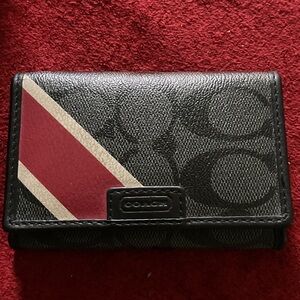 Coach Men's Black Card & Key Holder with Red and Cream Stripe
